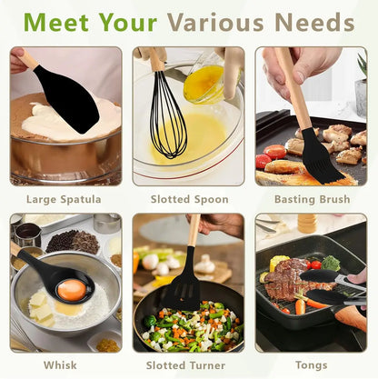 12 Pcs Silicone Kitchen Utensil Set with Wooden Handles – Non Stick Cooking Tools Set with Holder for Kitchen