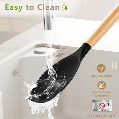 12 Pcs Silicone Kitchen Utensil Set with Wooden Handles – Non Stick Cooking Tools Set with Holder for Kitchen
